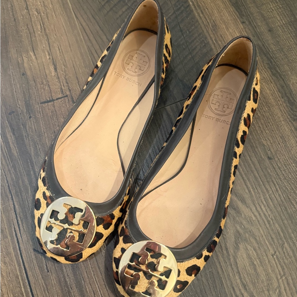 Tory Burch Animal Print Flats with Gold Accents